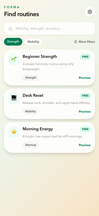 Forma routine library with free starter routines