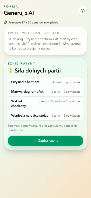 Szkic rutyny Forma wygenerowany z wklejonych notatek, z dopasowanymi ćwiczeniami i seriami
