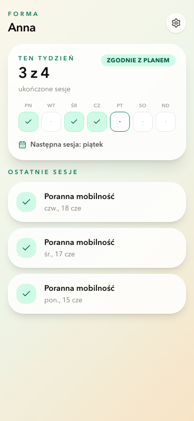 Widok regularności klienta Forma z postępem tygodnia i sesjami