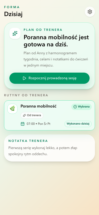 Aplikacja Forma pacjenta z przypisaną rutyną, harmonogramem i notatką