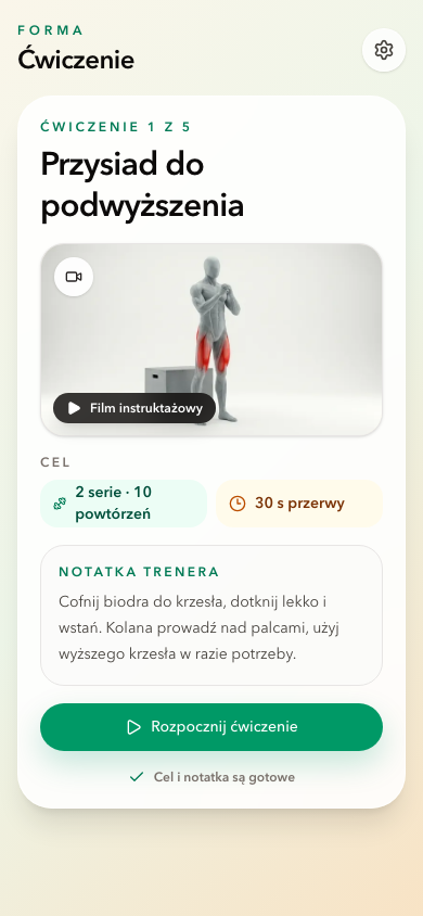 Podgląd ćwiczenia w aplikacji pacjenta Forma z filmem, celem i notatką