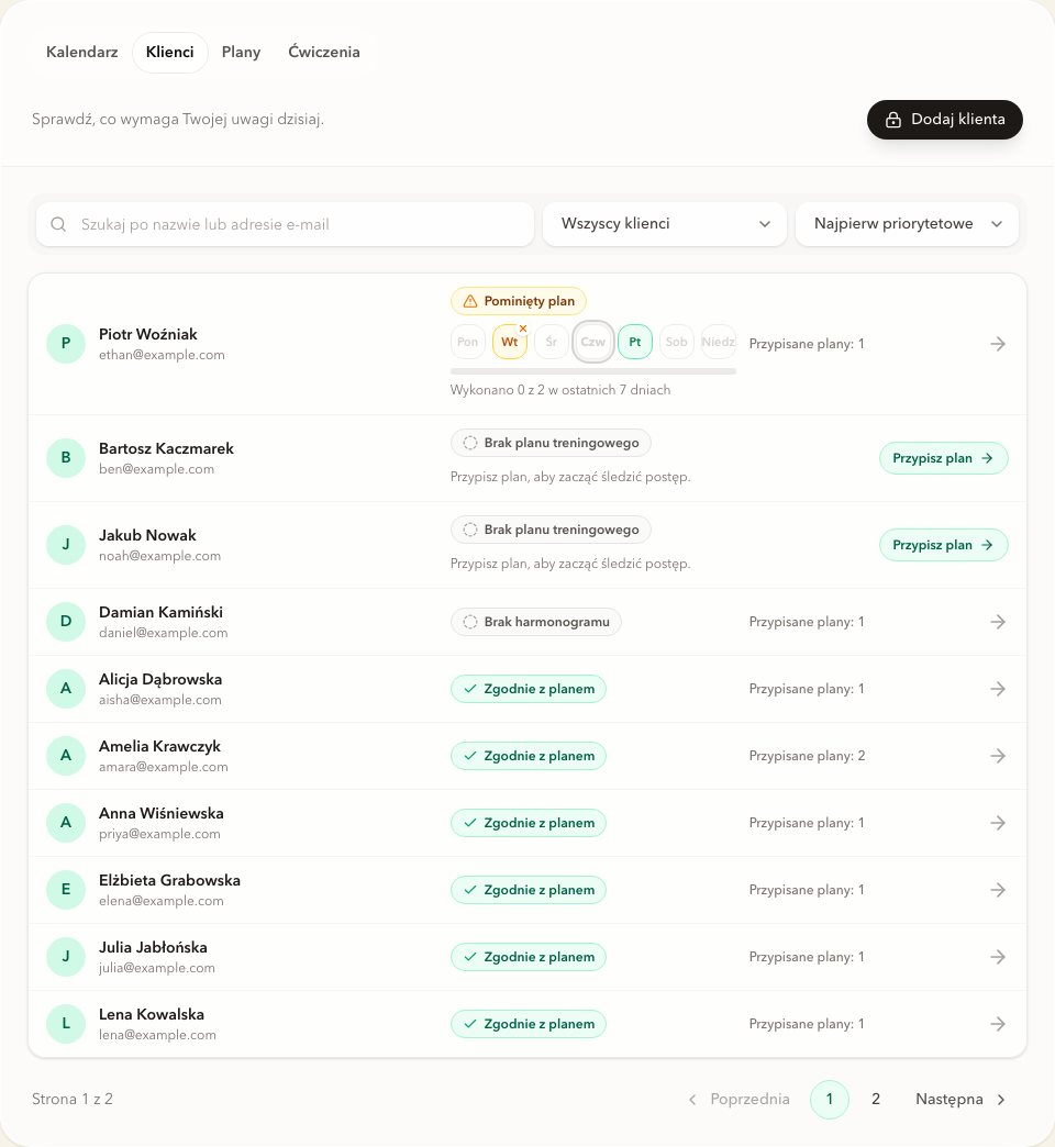 Panel trenera Forma w widoku na komputerze, z listą klientów, harmonogramem tygodnia i statusem realizacji
