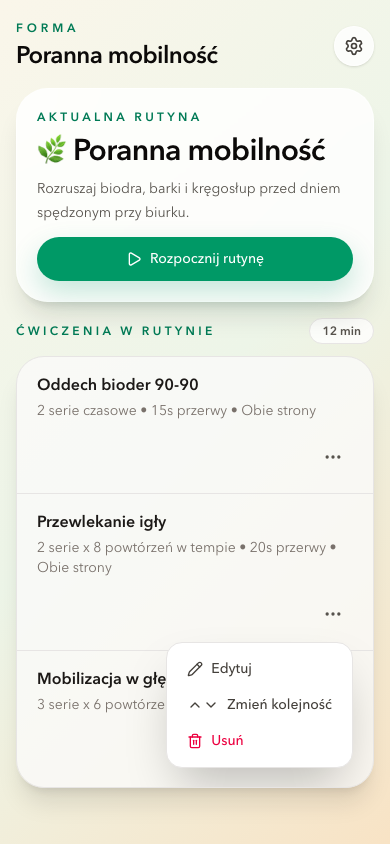 Ekran rutyny Forma z ćwiczeniami i akcjami rutyny