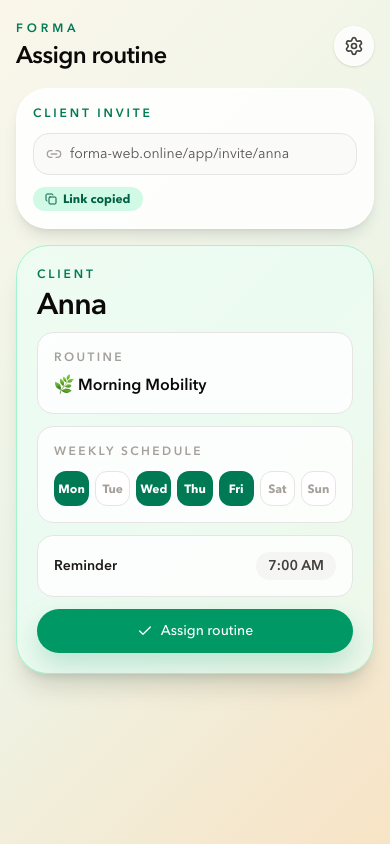 Forma assignment screen with invite link and weekly schedule