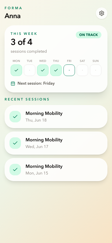 Forma client adherence view with weekly progress and sessions
