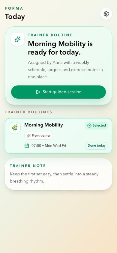 Forma patient app showing an assigned routine, schedule, and practitioner note