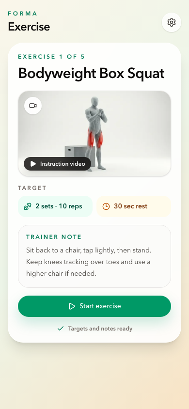 Forma exercise preview with an instruction video, target, and practitioner note