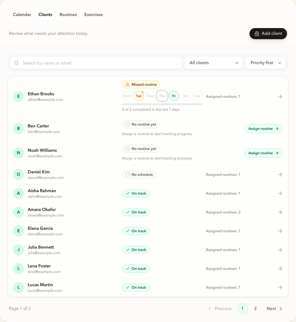 Forma trainer dashboard at desktop width, with the client list, weekly schedule, and follow-through status