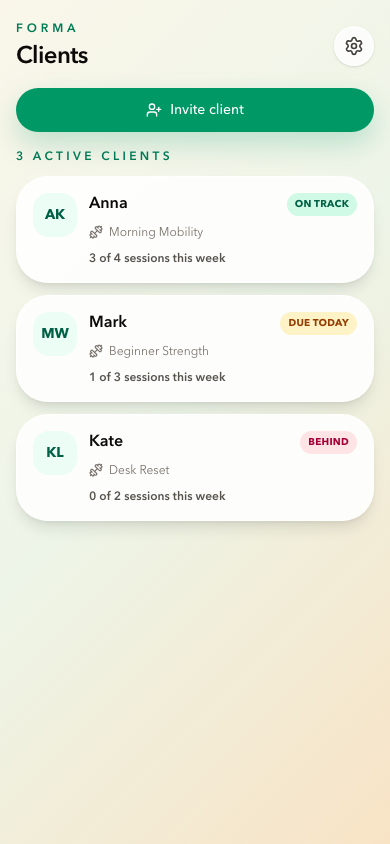 Forma trainer dashboard with client list and adherence status