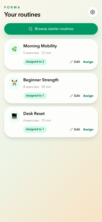 Forma trainer routine list with edit and assign actions